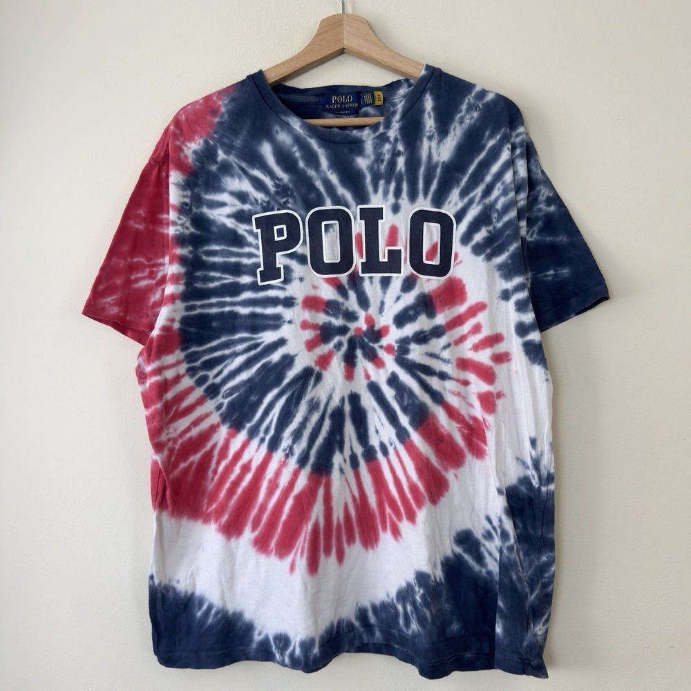 Polo Ralph Lauren Tye Dye Red White Blue Logo Graphic Tee Shirt - Large